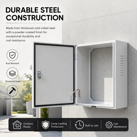 Built Different Wall Mounted EV Charger Protection Box with Lock Outdoor Weather Resistant Drip Proof Canopy Shields EVSE Against Rain Snow and Dust Ventilated Storage for Secure Home Garage or Driveway Use, showing open thickened cold steel construction.