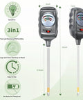3 In 1 Soil Test Kit With Moisture Meter PH Meter And Fertility Tester For Garden Lawn Yard Indoor And Outdoor Plants Farm Use Easy Readout Black Silver Pro, showing two views with dimensions and features.