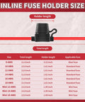 Image of 12 Volt Inline Fuse Holder size details, showing dimensions and applicable fuses for different wire gauges.