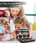 Child and adult using Must Have Carry Along Portable Sewing Kit With Mixed Color Threads, open kit showing contents