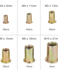 Jinhxofs Carbon Steel Flat Head Threaded Rivet Nut Insert Assortment Metric Cap Set With 150 Pieces showing various insert sizes M3 to M10.