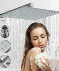 Brushed Nickel Shower System With 12 Inch Rain Head, Handheld Sprayer, Brass Valve, 14.5 Inch Arm, elegant water flow demonstration