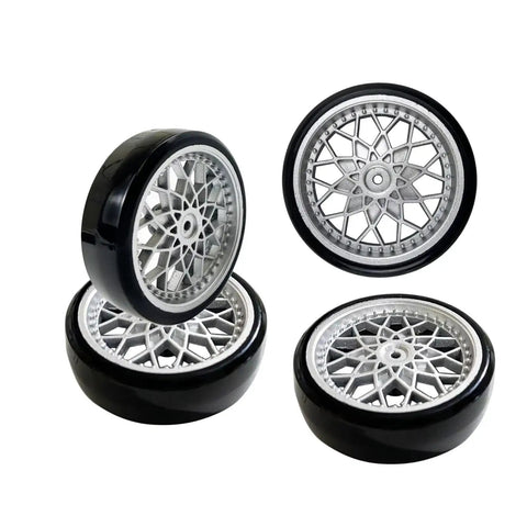 WPL D12 D42 Compatible Rubber Drifting Tires And Slim Wheel Kit with silver finish for RC truck road racing.