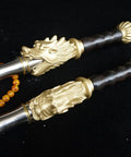 Handmade Chinese Kung Fu Sword Pair With Stainless Steel Blade And Brass Fittings 33 Inch Overall No Scabbard Detail View