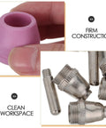 Top Tier Plasma Cutter Torch Consumable Nozzle Kit With Electrode And Copper Tips showing a pink ceramic nozzle and metal tips.