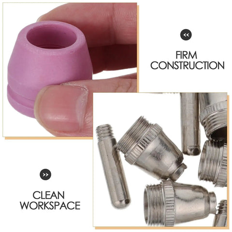 Get Your Plasma Cutting Torch Running Smooth With This Ag60 And Sg55 Nozzle Electrode Tip Consumable Kit For Easy Replacement And Less Downtime On Any Machine Today. Pink nozzle tip held in hand, metal tips for AG60 and SG55 plasma cutting.