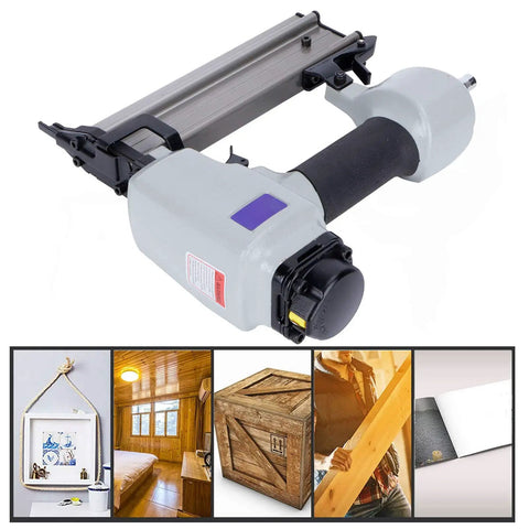 Smooth Operator Pneumatic Brad Nailer Featuring Low Noise Air Drive And Spring Buffer Switch for wood trim work, gray, compact design.