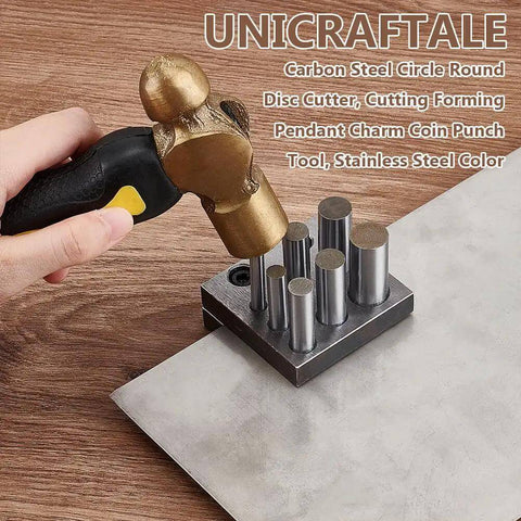 Heavy Duty Carbon Steel Disc Cutter Set For Jewelry Making Including Six Cutting Punches with hammer and metal sheet
