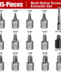 Fifteen Piece Screw Extractor Set For Stripped Bolts And Rusted Screws With Three Eighths Inch Drive Hex Head Multi Spline Design