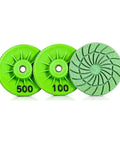 Rock Solid Diamond Polishing Pad Kit For Stone Edge Trimming 3 Inch with green 100 and 500 grit pads for efficient grinding.