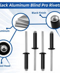 Black Aluminum Blind Pro Rivets with domed heads and black finish, showcasing aluminum construction and application details.