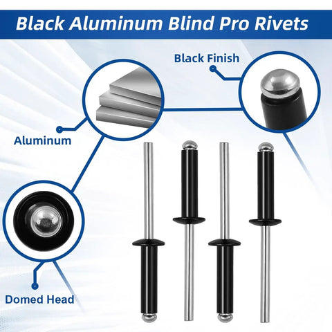 Black Aluminum Blind Pro Rivets with domed heads and black finish, showcasing aluminum construction and application details.