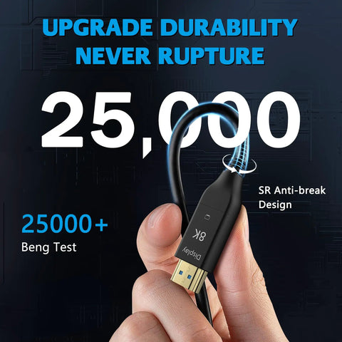 Badass 8K HDMI Fiber Optic Cable 50FT 15M showcasing durability with SR anti-break design and bend test ratings.