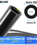 Diagram of Black PU Air Hose Kit 4mm OD Two And A Half Millimeter ID 10m length, showcasing dimensions and material features