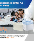 Easy Swap Humidifier Filter Replacement For Vicks Starry Night And Kaz Models Compatible With V3100 V3500 V3700 V3900 Series And Protec PWF2 VEV400 Wicking Filters 4 Pack alongside a humidifier in a cozy home setting with family.