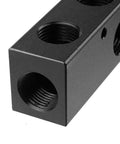 Heavy Duty Aluminum Air Compressor Manifold Set Featuring Six G1/2 Ports With Three Way Configuration close-up of a black aluminum manifold