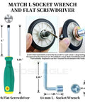 Upgraded Dryer Repair Kit Featuring Rock Solid Drum Rollers And Idler Pulley For Whirlpool Kenmore Maytag Model 4392065 showing tools including 3 inch screwdriver and 14 mm socket wrench.