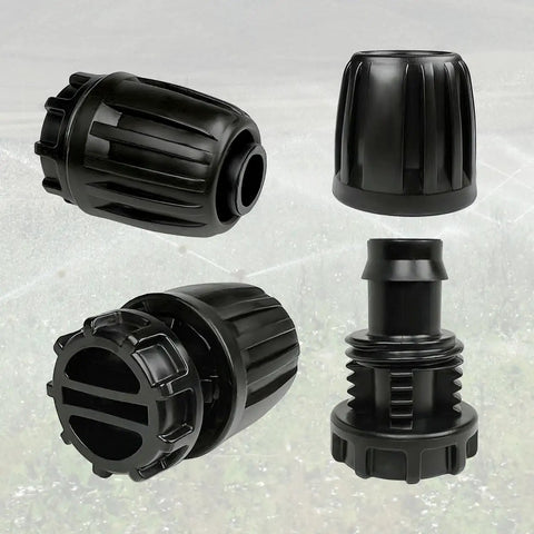 Half Inch Drip Irrigation End Caps 10 Pack Barbed End Plugs for Half Inch Tubing 16mm OD Drip Tubing Connectors for DIY Garden Watering System No Fuss Leak Free Seal, showing various connector angles and details.