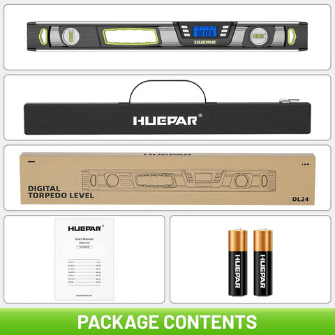 Dead Nuts Precise Magnetic Torpedo Level 24 Inch Machined Aluminum Spirit Square With Rapid Sight Digital Display package contents including level and manual.