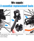 Image showing 3 essential tools for Four Pairs Bicycle Disc Brake Pads For Mountain Bike Riders, including gap regulator, piston press tool, and hex wrench.