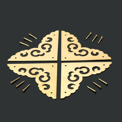 Rock Solid Heavy Duty Brass Corner Protectors For Wood Furniture with decorative design and screws included.