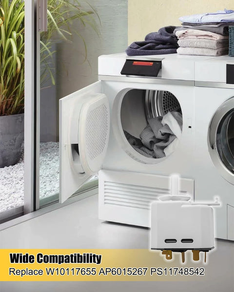 Push To Start Dryer Switch Replacement W10117655 For Whirlpool Kenmore Crosley next to open dryer door with clothes