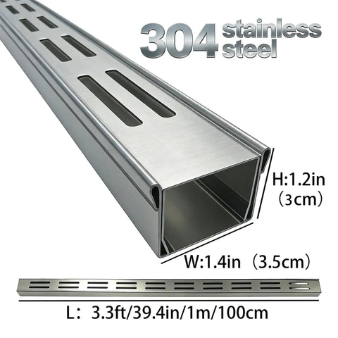 Heavy Duty 304 Stainless Steel Trench Drain Kit with Grid Grate dimensions 3.3ft L, 1.4in W, 1.2in H for outdoor use.