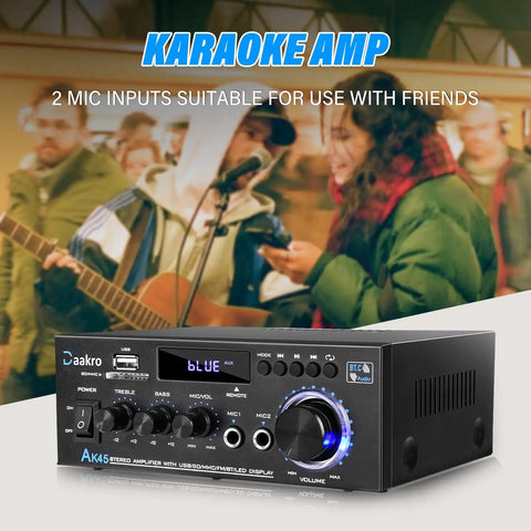 AK45 300W Dual Channel Bluetooth Stereo Power Amplifier For Home Theater And Karaoke with microphone inputs visible