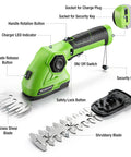 2 In 1 Cordless Grass Shear And Shrub Trimmer For Quick Hedge Shaping, showing disassembled blades and safety features, green color