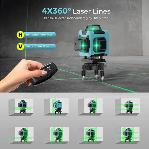 16 Line Green Laser Level 360 Self Leveling Pro With 4D Cross Lines Remote Dual Batteries Adjustable Brightness For Tiling Flooring Construction And Picture Hanging, showing remote control