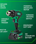 18V MultiVolt Brushless Drill with keyless chuck, soft grip, LED light, powerful motor; part of combo kit with 2 batteries and charger.