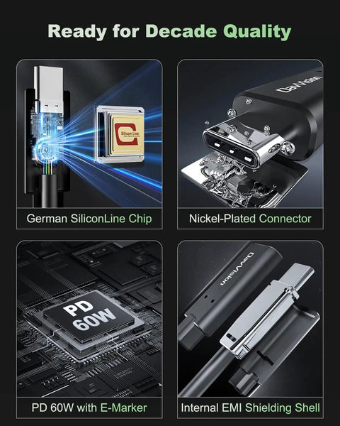 Hassle Free 25 Foot Usb C Fiber Optic Cable With 10Gbps Data And 60W Fast Charge Usb 3.2 Gen2 Tether Cord For 4K Cameras Webcams And VR Gear No Sweat Zero Lag Smooth Plug And Play Action, showcasing connector details and chip.