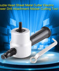 Beefy Metal Sheet Cutter Nibbler Drill Attachment with wrench and handle shown against blue graphic background