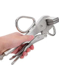 Hand holding Adjustable Auto Body Frame Pulling Clamp With Extra Wide Duckbill Jaw High Strength Steel Locking Sheet Metal Grip Tool