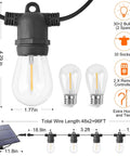 Outdoor Solar String Lights 96Ft 2 Pack With 32 LED Bulbs Waterproof Patio Garden Lights diagram showing bulbs and dimensions.