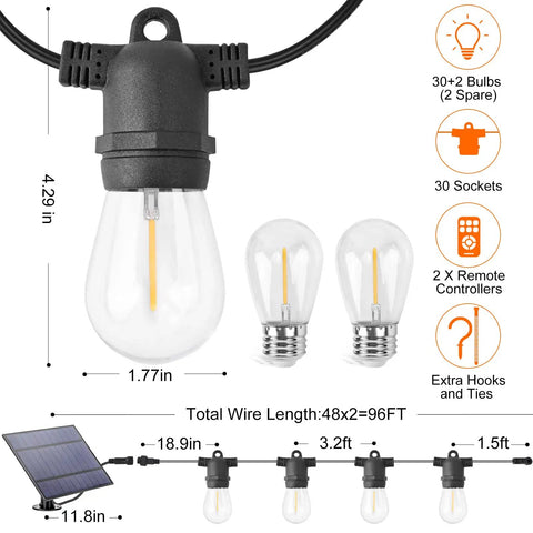 Outdoor Solar String Lights 96Ft 2 Pack With 32 LED Bulbs Waterproof Patio Garden Lights diagram showing bulbs and dimensions.