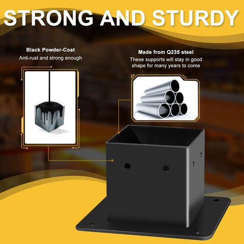 4x4 Post Base Set Of 4 Heavy Duty Steel Brackets With Black Powder Coat Post Anchors For Decks Porches Railings And Pergolas Inner Size 3.5 By 3.5 Inches Built Tough For Sturdy Support