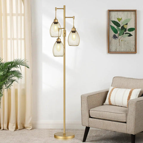 Dimmable Floor Lamp With Stepless Dimming From 0 To 100 Percent, Industrial Gold Tree Standing Lamp With 3 Teardrop Cage Heads