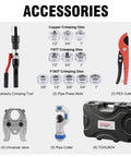 Hydraulic Crimping Tool With 65 MPa Auto Pressure Relief, One Half To One Inch Dies For Copper Pipes And F877 PEX Sleeves, Three Eighths To One Inch Dies For ASTM F1807 PEX Rings, Lightweight Yet Rugged Aluminum Construction, Leak Proof System For Pro accessories set with dies, cutter, jaws, and toolbox