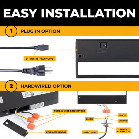 Installation options for 18 Inch Under Cabinet Lighting Kit In Black Finish, Dimmable Undercabinet Lights With 3 CCT Options.
