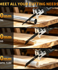 21V Brushless Mini Reciprocating Saw With Twin 4.0Ah Batteries And 12 Blades cutting through metal, wood, and plastic tube.