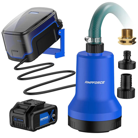 Cordless Submersible Water Transfer Pump With 20V Battery, 1003 GPH Flow, blue unit with battery and connectors