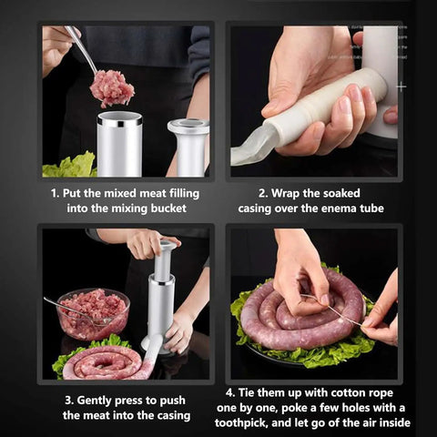 Steps showing 2 In 1 Vertical Sausage Stuffer And Meatball Maker Kit For Home And Small Business Use, Manual Sausage Press With Dual Tubes