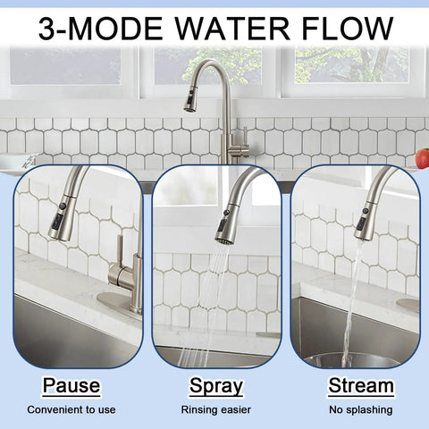Antique Style Single Handle Pull Down Sprayer Kitchen Faucet in Oil Rubbed Bronze with 3-mode water flow: pause, spray, stream.