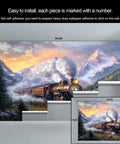 Epic Steam Train Wall Mural With 3D Mountain Landscape in Living Room, Large 169.3 W x 118.2 H Inches Silk Cloth Wallpaper