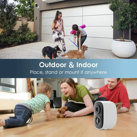 Wireless Outdoor Security Camera With 2K Full Color Night Vision showing outdoor and indoor use with families and pets.
