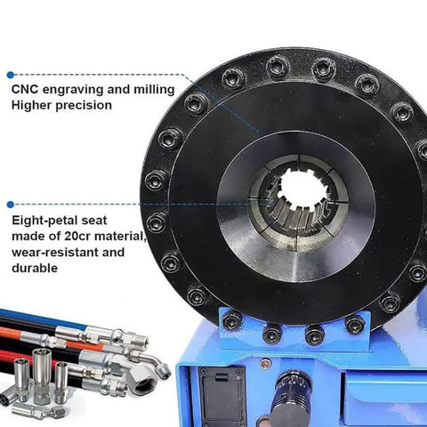 Close-up of the Badass Heavy Duty Hydraulic Hose Crimper head with eight-petal seat and CNC engraved detail for precision.