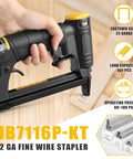 Lightweight 22 Gauge 3/8 Inch Crown Pneumatic Upholstery Stapler Kit with 6000 Staples, rear exhaust shown in use