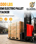 3300 Lbs Semi Electric Pallet Stacker Walkie Model With 94 Inch Max Lift Powered By 48V Battery in a warehouse with stacked boxes.