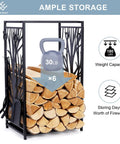 Compact Firewood Rack And Four Tool Set For Fireplace, Log Holder With Brush, Shovel, Poker And Tongs, showcasing wood storage and 180 lb capacity